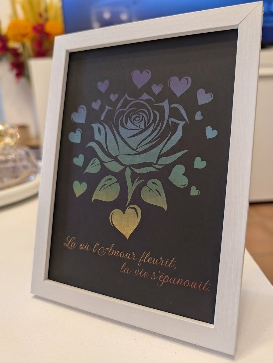 Cadre Décoratif Gravé au Laser "Rose & Cœurs" – Citation Inspirante